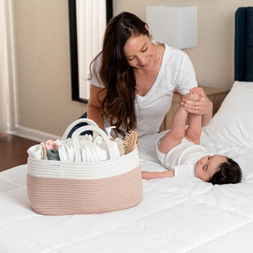 Comfy Cubs Rope Diaper Caddy Organizer - Large Baby Diaper Basket Blush - Image 2