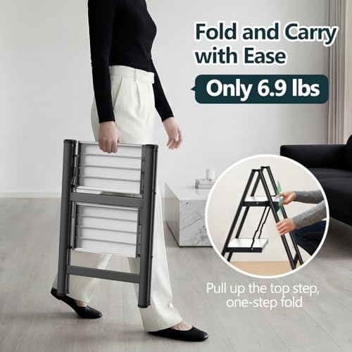 WOA WOA 2 Step Ladder, Foldable Step Stool, 300lbs Load, Black & White - Image 3