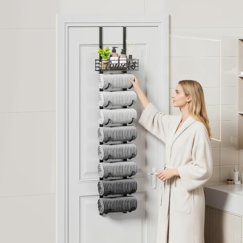 SWTYMIKI Hanging Towel Racks for Bathroom - 9 Tier Over the Door & Wall Mounted Bath Rolled Towel Storage Organizer Holder for Small Bathroom, RV, Camper, Black (Patented) - Image 2