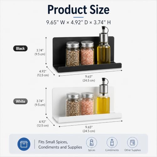 WAYUTO Magnetic Fridge Shelf for Refrigerator, 9.65-Inch Matte Metal Spice Rack and Organizer, No-Drill Storage Shelf for Kitchen, Office, Locker and Whiteboard, Black - Image 2