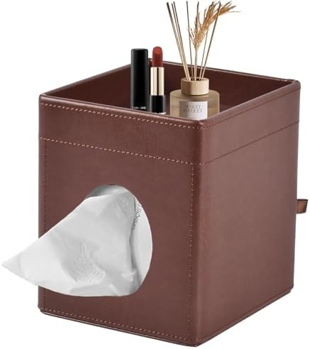 Tissue Box Cover Square Tissue Box Holder PU Leather Facial Tissues Organizer with Storage Tray for Bathroom Vanity Bedroom Office Car,Stylish Napkin Caddy Decorative Organizer (Brown) by XNONE