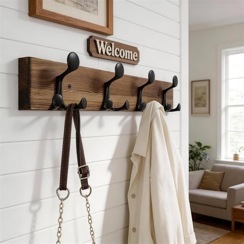 WEBI Coat Rack Wall Mount,24" Solid Wood Coat Hooks Wall Mounted Coat Hanger,16" Hole to Hole,Heavy Duty Hook Rack,4 Triple Hooks for Hanging Coats,Jacket,Hat,Backpack,Farmhouse,Brown - Image 2