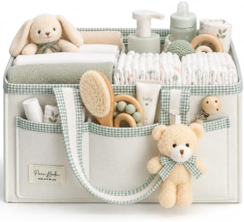 PeraBella Diaper Caddy Organizer with Handle, Baby Shower Gifts Basket Bag, Registry Search Must Haves Items, Nursery Storage Organizer for Newborn Girl Boy, Baby Bag Essentials, Car Diaper Caddy Cart by PeraBella