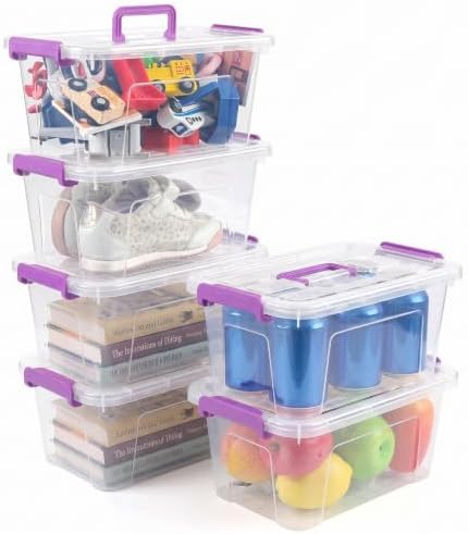 7Qt Storage Bins with Lids,6-Pack Clear Stackable storage containers with lids Buckle Latches.Perfect for LEGO, Crafts, Office Supplies, and Dorm Room Organization,Purple by AREYZIN