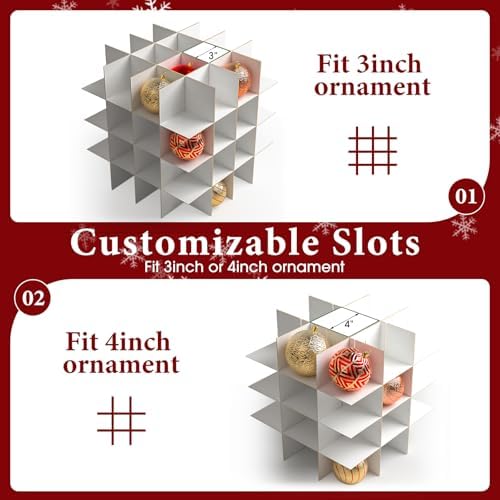 BlessedSeason Christmas Ornament Storage Box with Adjustable Dividers, Store up to 64 3-inch or 36 4-inch Christmas Ornaments, Plastic Xmas Storage with Zippered Closure & Two Handles - Image 5