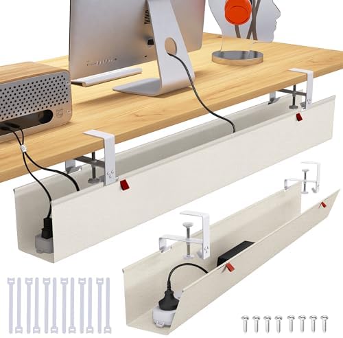 Extra Large 48" Under Desk Cable Management Tray for Standing Desk, No Drill Clamp On Wire Hider, Heavy Duty Anti-Sag Cord Organizer, Cable Tray for Studio & Dual Monitors (Beige, 47.8") by Cotohim