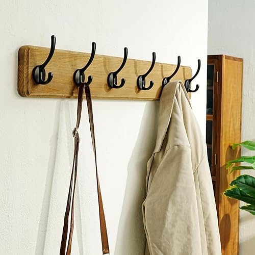 Dseap Wall Mounted Coat Rack: 24" Long, Patented, Heavy-Duty, 6-Double-Hooks Wooden Hanger Rail for Winter Coats, Hat, Jacket, Clothing - Weathered Brown, Pack of 2 - Image 4