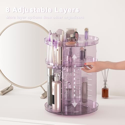 Rotating Makeup Organizer, DIY 8 Adjustable Layers Spinning Skincare Storage, Cosmetic Display Case with Brush Holder and Perfume Tray, Multi-Function Vanity Bathroom Countertop Organizer Clear Purple - Image 2