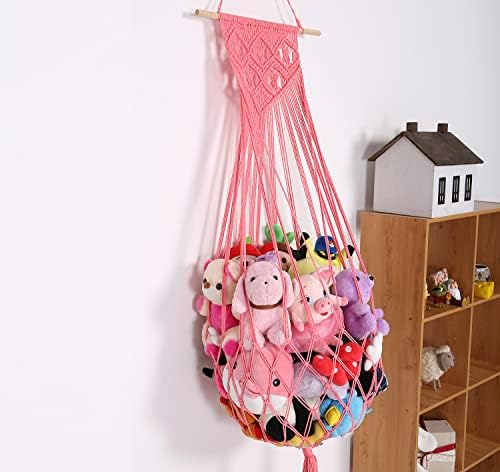 Stuffed Animal Hammock Wall Hanging Net for Stuffed Animal Net Stuffed Animal Storage Plush Toy Holder Toy Organizer for Boho Kidroom Playroom Nursery Decor (Pink) - Image 5