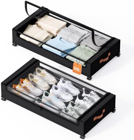 Yecaye 60 L Under Bed Storage with Wheels, 2 Pack Under Bed Storage Containers with Clear Window & Label, Rolling Under bed Shoe Storage organizer for Clothes, Shoes, Black by Yecaye