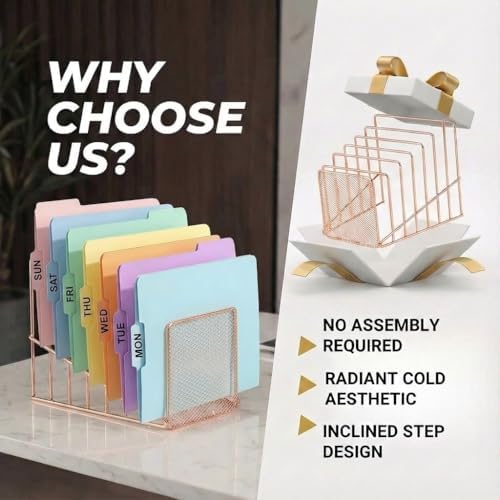 2 Pcs Incline File Sorter, 7 Slot Magazine Holder for Letter, Document, Folder and Book, Metal Desktop Organizer Rack for Home, School and Office (2-rose gold) - Image 4