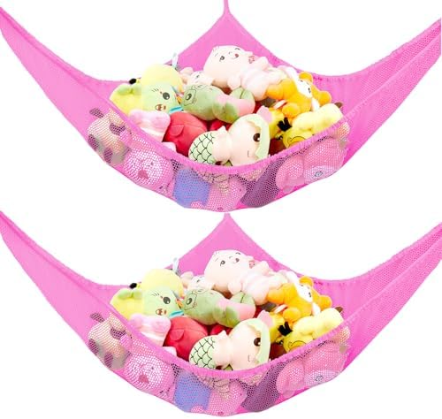 Stuffed Animal Hammock, Jumbo Stuffed Animal Toy Net Hammock Wall Sling Corner Extra Large Mesh Plush Net Organizer (Pink 2 Pack, 83 inch) by KOHUIJOO