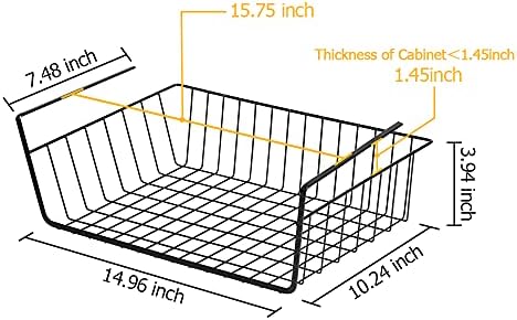 4 Pack Under Shelf Basket, Under Cabinet Organizer Shelf, Durable Metal Wire Rack Hanging Basket Storage Rack, Shelf Organizing for Kitchen/Pantry/Bathroom/Desk-Slide Arms Height:1.45in(Black) - Image 2