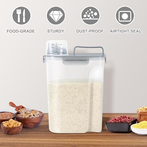 TBMax Rice Container 10 Lbs, Cereal Container Oatmeal Storage, Airtight Food Dispenser with Pouring Spout & Cup for Flour Grain Beans, Pet Dog Cat Food Storage Container-Translucent Grey - Image 6