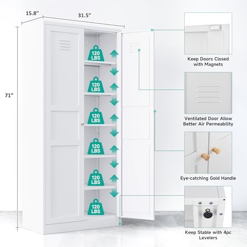 SISESOL 71" Tall Pantry Cabinet with 2 Doors and 5 Shelves,Kitchen Pantry Storage Cabinets,White Metal Storage Cabinet,Wide Deep Food Cupboard for Home,Kitchen,Dining/Living Room - Image 3