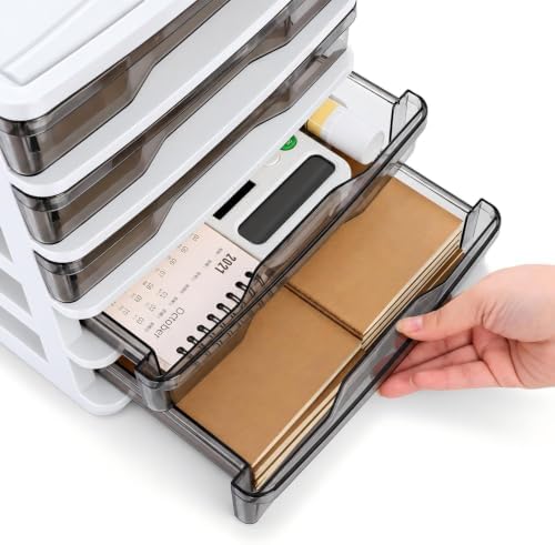 DEAYOU 5 Drawer Desktop Storage Bin Unit, Small Plastic Organizer, White Frame with Clear Drawer, Mini Container Case for Desk, Storing Craft, Accessory, Stationery - Image 4