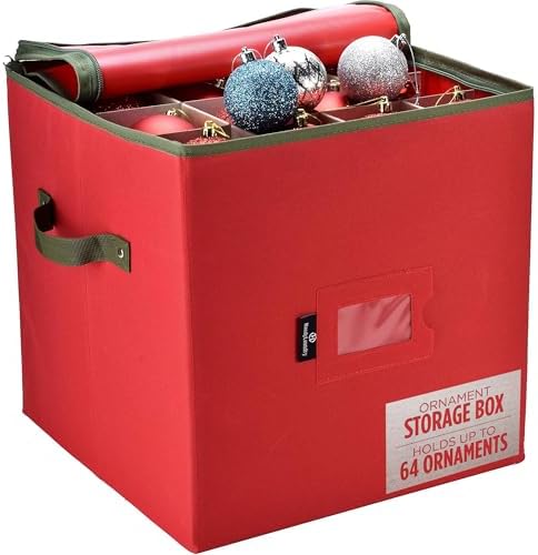 Handy Laundry Christmas Ornament Storage - Stores upto 64 Holiday Ornaments, Adjustable Dividers, Zippered Top, Two Handles. Storage Box Keeps Holiday Decorations Clean and Dry for Next Season. (Red) by Handy+Laundry