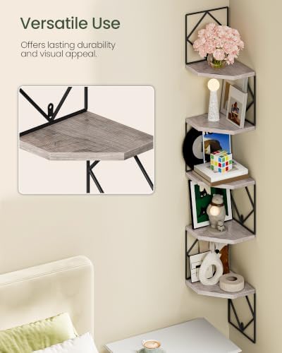 CHOEZON 5-Tier Corner Shelf, Floating Shelf, Wall-Mounted Storage Shelf, Wall Decor, Narrow Corner Bookshelf, for Living Room, Bedroom, Home Office, and Bathroom, Greige and Black TCJ35BG - Image 5