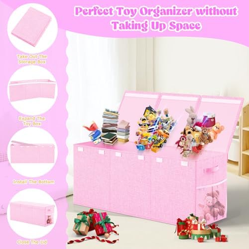Large Toy Box Storage with Lid, Collapsible Sturdy Toy Chest Bin Pink - Image 2