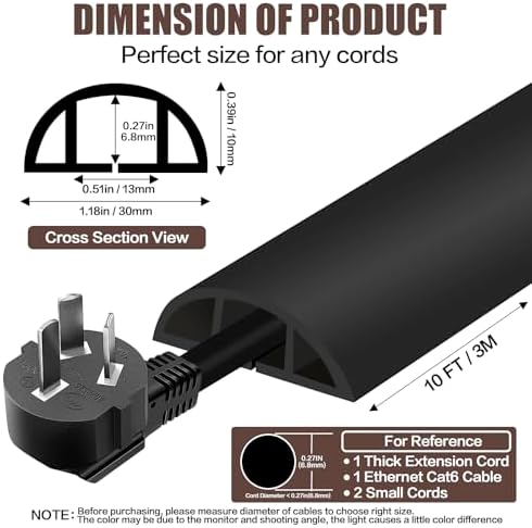 Floor Cord Cover Self Adhesive Cord Hider,10FT Cable Management, Extension Strip Protector for Wires, Prevent Cable Trips for Offices, Gyms, Exhibitions Cavity:0.39"(W) x 0.27"(H) Black - Image 2