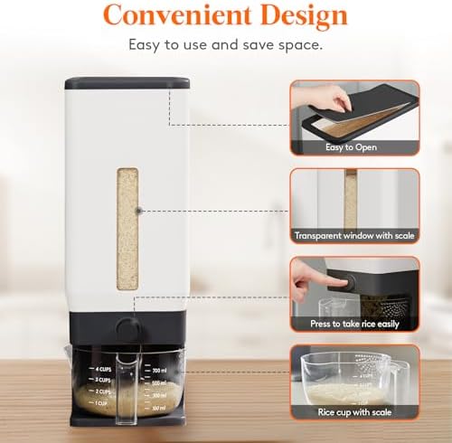 Lifewit Rice Container 28 Lbs, One-Press Dispenser with Measuring Cup - Image 4