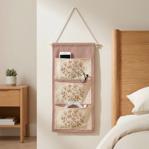 IAXIC Vintage Pink Magnolia Canvas Wall Hanging Organizer with Pockets - Image 2