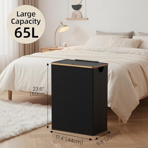 efluky Slim Laundry Hamper with Lid and Removable Bag, 65L Black - Image 3