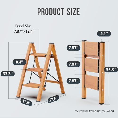 WOA WOA 3 Step Ladder, Foldable Step Stool, 300lbs Load, Wood Grain - Image 5