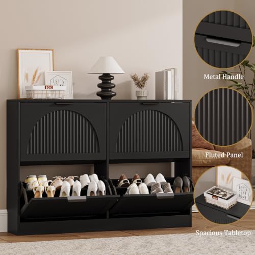 Fluted Shoe Storage Cabinet for Entryway, 4 Flip Drawers, Black - Image 5