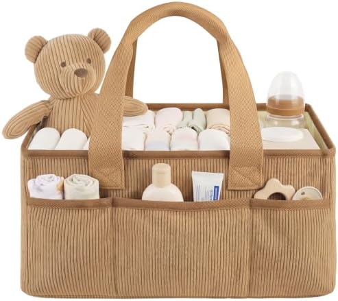 Baby Diaper Caddy Organizer with Portable Changing Mat-Portable Baby Organizers and Storage, Gift for Baby Shower, Corduroy Baby Essentials Organizer with Removable Dividers (Brown) by Unknown