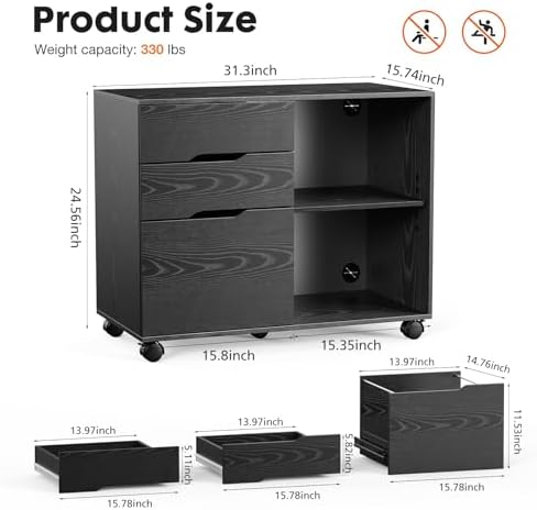 Simple Deluxe 3 Drawer Rolling File Cabinet, Wood Printer Stand with Adjustable Shelf for Home Office Study Organizatiom, Black - Image 2