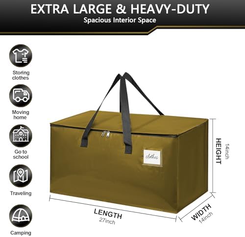 Moving Bags Heavy Duty for Packing and Storage, Large Capacity Zippered Tote with Handles, Reusable Organizer Bag – Gold Khaki - Image 2