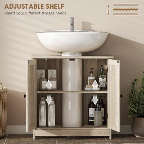 HOMCOM Under Sink Bathroom Cabinet with 2 Doors, Shelf, U-Shape, Oak - Image 5