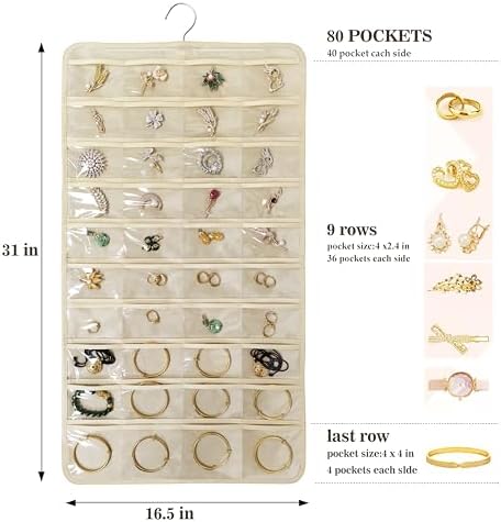 80 Pocket Hanging Jewelry Organizer with Hanger Metal Hooks Storage On Wall Door Closet Double-Sided(Each Side 40 Pockets) Jewelry Holder for Earrings, Necklaces, Rings (4 PACK BEIGE) - Image 2