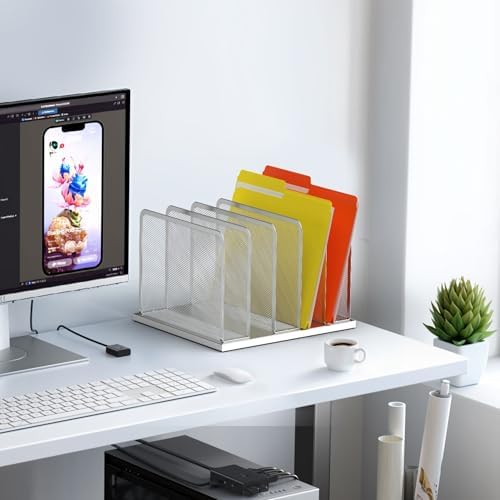 Kuntine.B Desk File Organizer Upright Mesh Desktop Organizer File Sorter Office Organization File Holder for Home, Office & Classroom (Silver, 1 Pack 5-Section) - Image 5