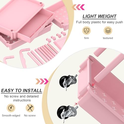 Goovilla 4 Tier Rolling Utility Cart Organizer with Removable Drawer, Pink - Image 3