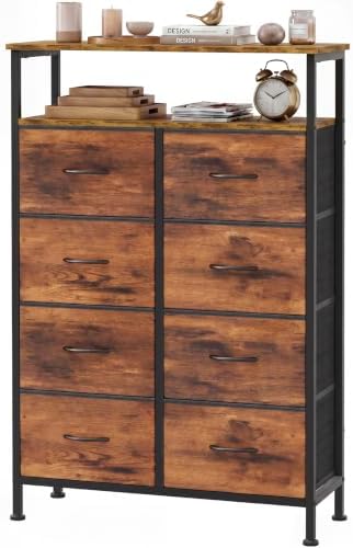 OLIXIS 8 Drawers Fabric Dresser, Raised Shelf Tall Chest of Drawers, Brown by OLIXIS