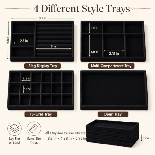 4 Pack Stackable Jewelry Organizer Tray Set - Velvet Display Case - Image 5