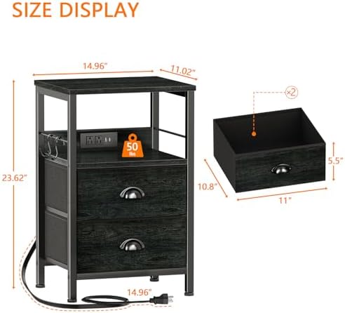 Furologee Nightstand with Charging Station for Bedroom, 2 Fabric Drawers - Image 3