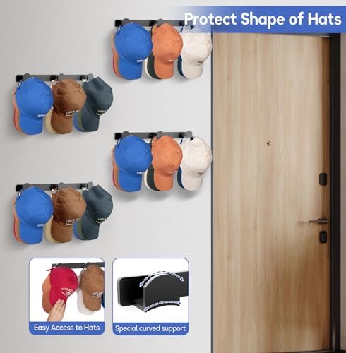 KIMBORA 6 Packs Hat Rack for Wall, Hat Organizer for Baseball Caps Holds 54 Hats, 3 Mounting Options Hat Hook Hanger, Strong Baseball Hat Holder Storage, Cap Display for Door, Room, Closet (Black) - Image 5