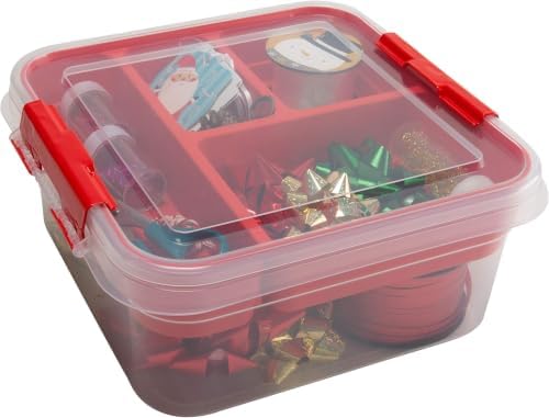 Simplify 5 Compartment Gift Supply Storage Box 2 Tier Box | Red Clear Top Lid | Dimensions: 9.5"x 9.5"x 4.5" Snap Handle Storage Wrapping Accessories (Pack of 12) by Simplify