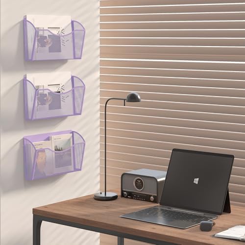 EasyPAG Wall File Organizer, Metal Mesh Hanging File Folder Holder for Letter/A4 Size Folders, Vertical Wall Mount Mail Sorter for Office Paperwork, Classroom, Purple - Image 5