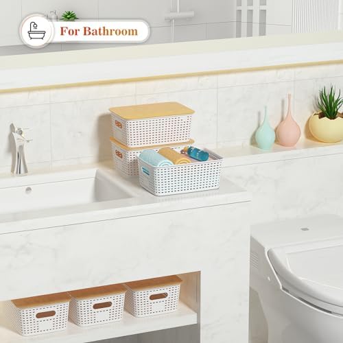 Ohmlove 6 Pack Plastic Storage Baskets with Bamboo Lids for Organization - Image 6