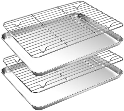 Small Baking Sheet with Cooling Rack Set [2 Baking Pans + 2 Wire Racks], CEKEE Stainless Steel Cookie Sheets for Baking, Heavy Duty & Dishwasher Safe Baking Sheets for Oven, Size 9 x 7 x 1 Inch by CEKEEBakingEasilyHappily