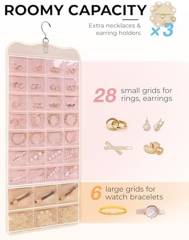 BAGSMART Hanging Jewelry Organizer Storage with Hanger Metal Hooks Double-Sided Jewelry Holder for Earrings, Necklaces, Rings on Closet, Wall, Door, 1 piece Large Beige - Image 2