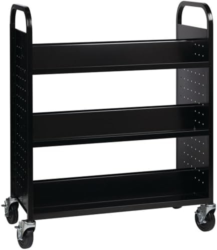 Hirsh Rolling Library or Home Office Double-Sided Sloped Shelves Book Cart with Lockable Wheels in Black by HirshIndustries