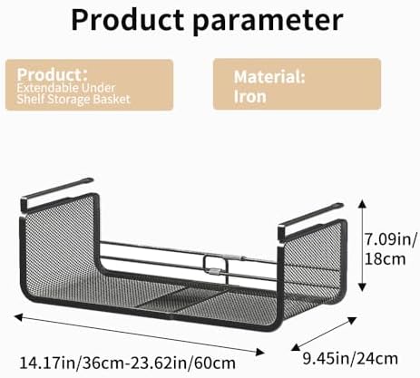 Expandable Under Shelf Basket Organizer, Under Shelf Storage, Hanging Baskets Under Cabinet for Pantry Kitchen Cupboard Desk Counter Bookshelf Space Saver Heavy Duty Slide-in (Black, 2 Pack) - Image 7