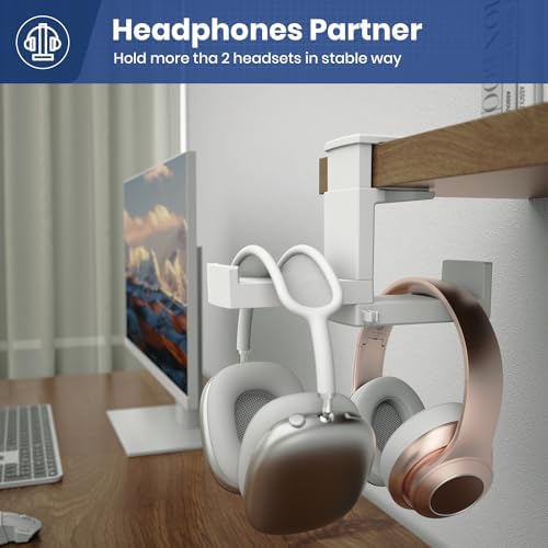 Dual Headphone Stand Holder - EURPMASK 2 in 1 PC Gaming Headset Hooks, 360 Degree Rotating Headphone Hanger with Adjustable Clamp & Cable Clip Organizer, Headset Mount Under Desk Earphone Clamp-White - Image 2