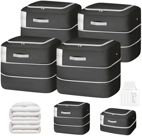 Comforter Storage Bag - 110L Large Capacity Blanket Storage Bags 2-Layer Ultra Space Saving Self Compression Organizer, Washable Compression Bags for Storage Comforter Blanket, 4-Pack, Black by EasortmPackingCubes