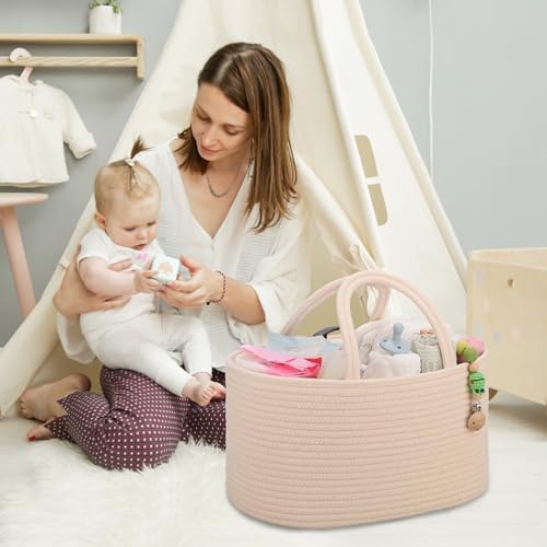 COMSE Large Cotton Rope Baby Diaper Caddy Organizer with Handles, Beige - Image 3